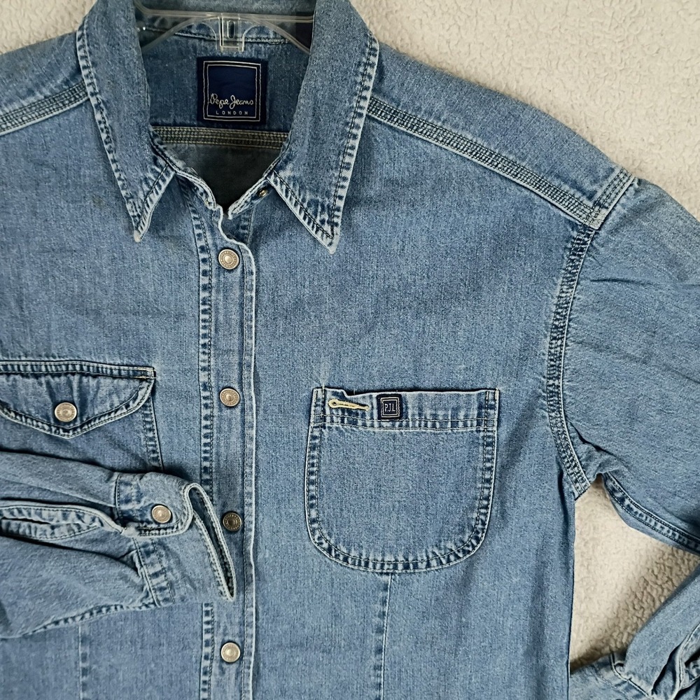 Vintage Pepe Jeans Denim Snap Up Shirt Womens L Blue Western Coastal Cowgirl